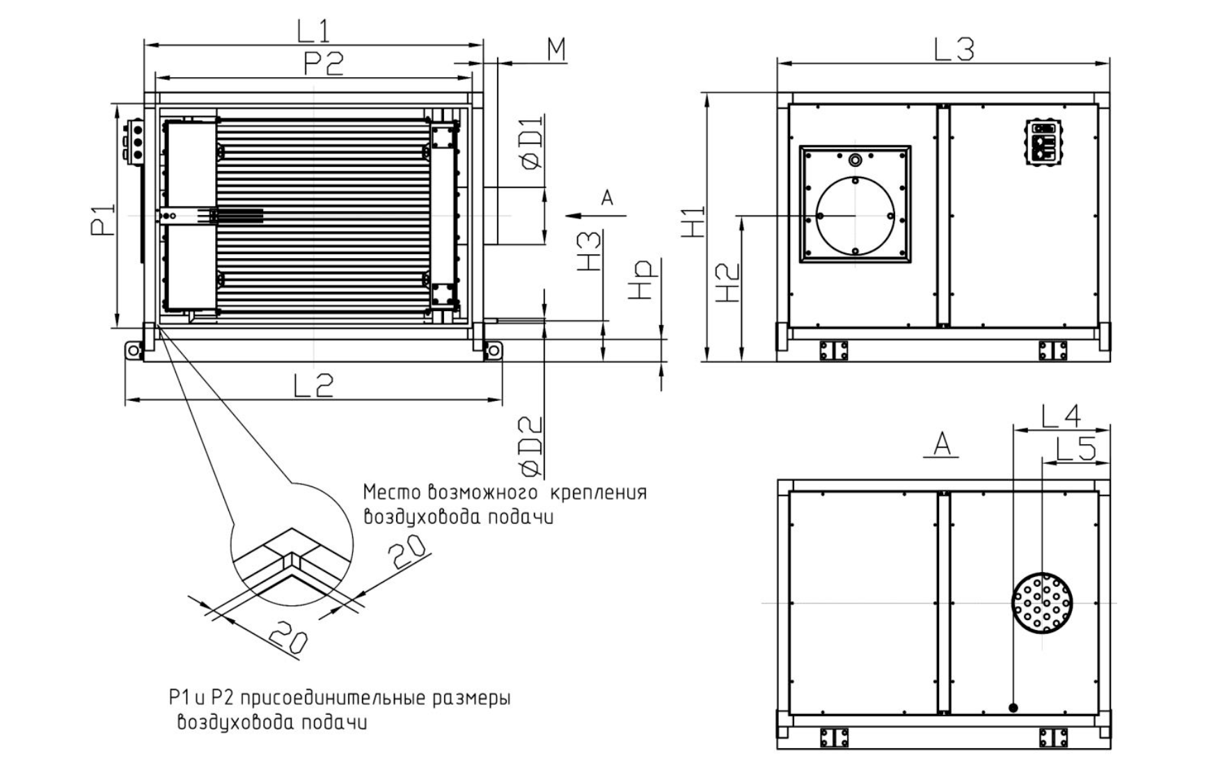 Размеры воздухонагревателя TITAN Air VBHp горизонтального исполнения (без секции вентиляции, подача воздуха направо)